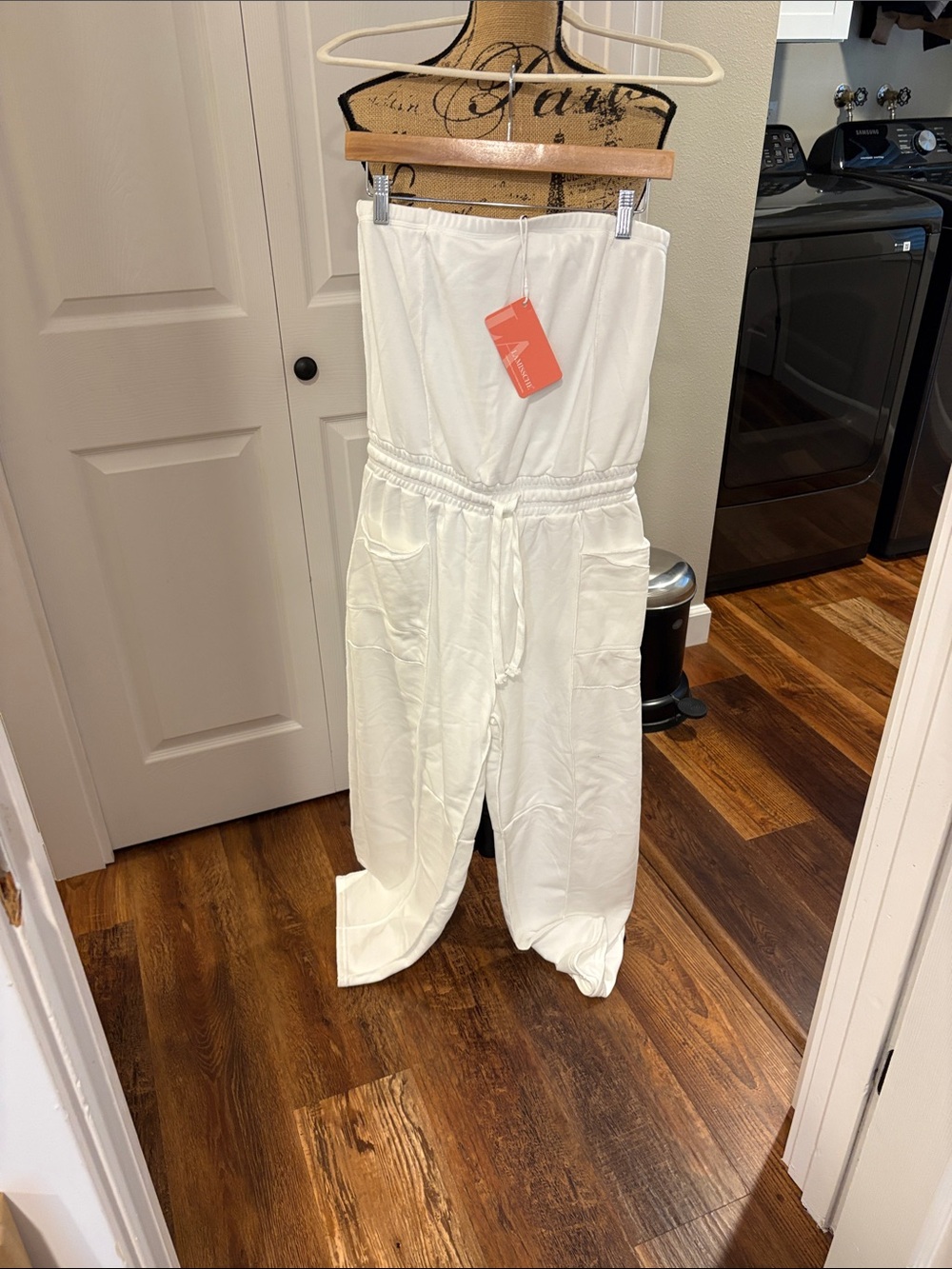 Strapless White Jumpsuit with Drawstring Waist